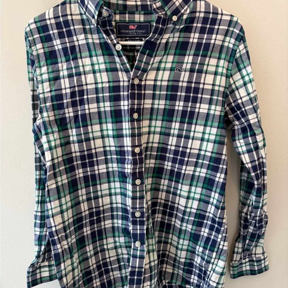 Vineyard Vines whale Blue Green Plaid Shirt boys large 16 dress casual button